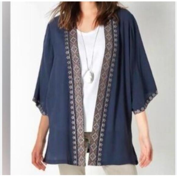 J. Jill Kimono One Size Open Front Gauze Cardigan Boho Geometric Embroidered Tri - Picture 11 of 12